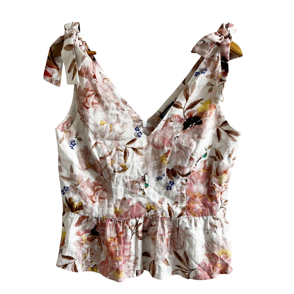Express Floral Peplum Top Womens Medium Pink Linen Blend Tie Shoulder V-Neck